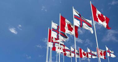 Faroe isole e Canada bandiere agitando insieme nel il cielo, senza soluzione di continuità ciclo continuo nel vento, spazio su sinistra lato per design o informazione, 3d interpretazione video