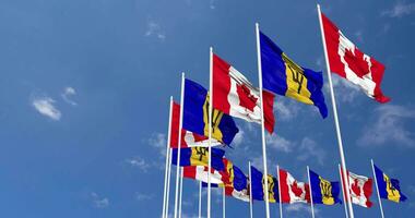 Barbados and Canada Flags Waving Together in the Sky, Seamless Loop in Wind, Space on Left Side for Design or Information, 3D Rendering video