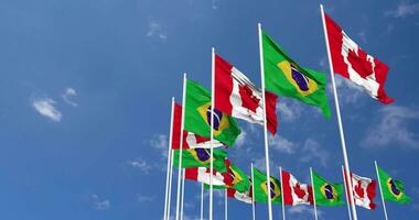 Brazil and Canada Flags Waving Together in the Sky, Seamless Loop in Wind, Space on Left Side for Design or Information, 3D Rendering video