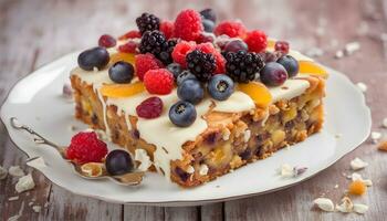 ai generado un pedazo de Fruta pastel con bayas y nueces en un plato foto