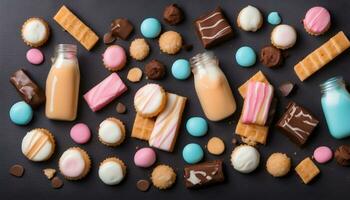 AI generated various cookies and milk bottles on a black background photo