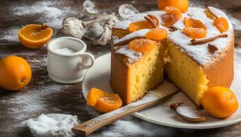 ai generado un pastel con naranja rebanadas y azúcar en un plato foto