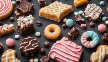 AI generated assortment of sweets and pastries on a dark background photo