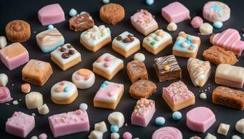 AI generated assorted chocolates on a black background photo