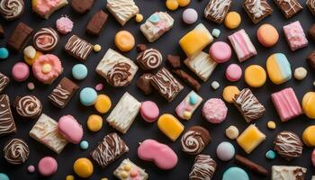 AI generated various types of chocolate and candy on a black background photo