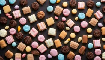 AI generated many different types of candy on a black background photo