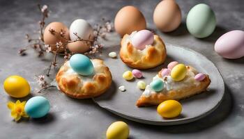 AI generated easter eggs and pastry on a gray background photo