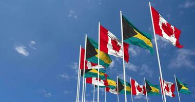 Bahamas and Canada Flags Waving Together in the Sky, Seamless Loop in Wind, Space on Left Side for Design or Information, 3D Rendering video