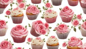 AI generated cupcakes with pink roses on a white background photo