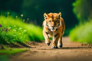 a lion walking down a dirt road in the middle of a green field. AI-Generated photo