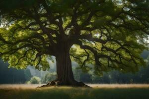 un grande árbol es mostrado en el medio de un campo. generado por ai foto