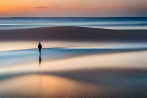 un solitario persona soportes en el playa a puesta de sol. generado por ai foto