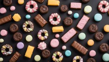 AI generated various types of chocolate and candy on a black background photo