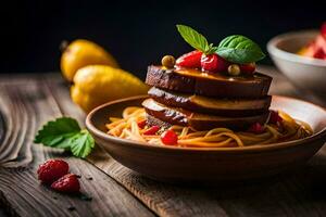 a plate of pasta with tomatoes and berries. AI-Generated photo
