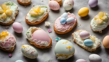 ai generado Pascua de Resurrección huevos y pasteles en un mesa foto