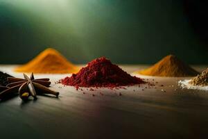 various spices and spices on a table. AI-Generated photo