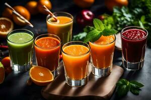 AI generated a variety of juices and fruits are arranged in glasses photo