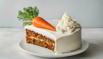 AI generated a carrot cake with cream cheese frosting on a white plate photo