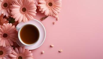 AI generated Cup of flat lay coffee on the table with tulip background photo