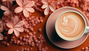 AI generated Flat lay coffee cup with tulip flower background photo