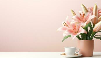 AI generated Flat lay coffee cup with tulip flower background photo