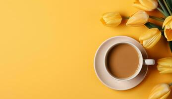 ai generado plano laico café taza con tulipán flor antecedentes foto