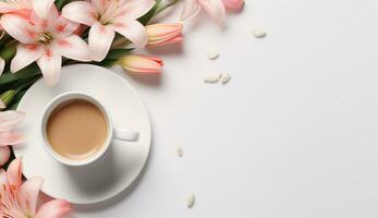 ai generado plano laico café taza con tulipán flor antecedentes foto