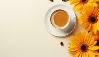 AI generated Cup of flat lay coffee on the table with tulip background photo