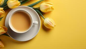 AI generated Flat lay coffee cup with tulip flower background photo