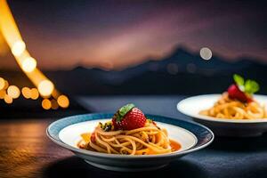 two plates with spaghetti and strawberries on a table. AI-Generated photo