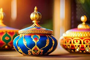three colorful decorative jars with gold and blue designs. AI-Generated photo