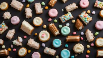 ai generado un variedad de vistoso galletas y golosinas en un negro antecedentes foto