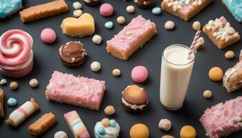 AI generated various sweets and milk on a black background photo