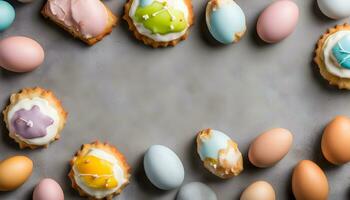 ai generado vistoso Pascua de Resurrección huevos y pasteles en un gris antecedentes foto