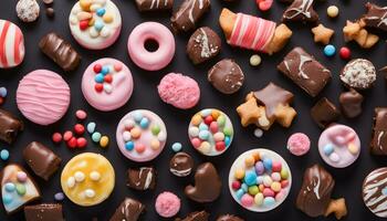 AI generated many different types of chocolate and candy on a black background photo