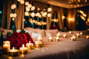 candles and roses are set up on a table. AI-Generated photo