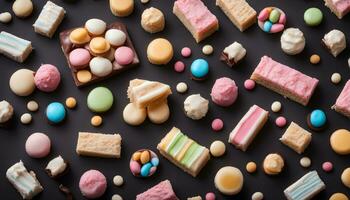 AI generated a variety of colorful sweets on a black background photo