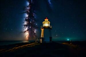 a lighthouse with a starry sky and a light shining in the distance. AI-Generated photo