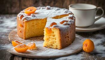 ai generado un pastel con naranja rebanadas y un taza de café foto