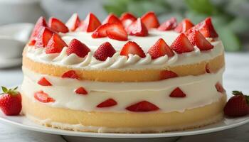 AI generated a strawberry cake with cream frosting and strawberries photo