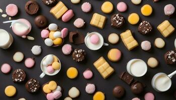 AI generated various types of sweets and desserts on a black background photo