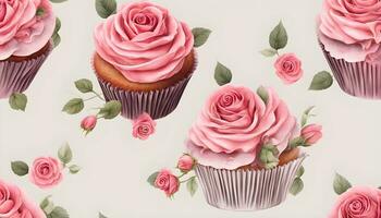 AI generated cupcakes with pink roses are shown in this pattern photo
