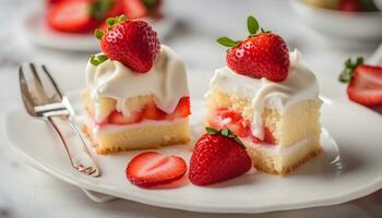 ai generado dos piezas de pastel con fresas en un plato foto