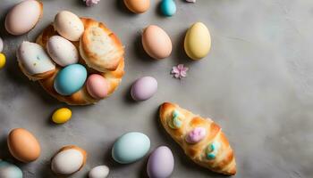 ai generado Pascua de Resurrección huevos y croissants en un gris antecedentes foto
