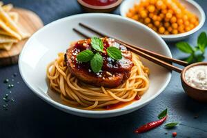 chicken with noodles and sauce in a bowl. AI-Generated photo