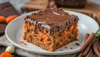 AI generated a piece of carrot cake with chocolate frosting on a plate photo