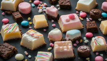 AI generated assortment of chocolate and candy on a black background photo
