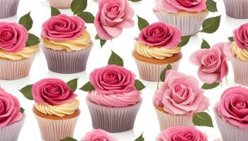 AI generated cupcakes with pink roses on white background photo