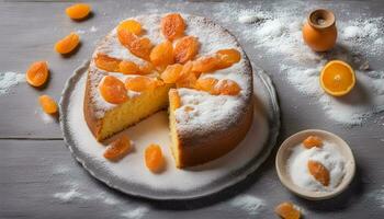 ai generado un pastel con naranja rebanadas en parte superior y azúcar en el mesa foto