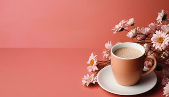 ai generado taza de plano laico café en el mesa con tulipán antecedentes foto